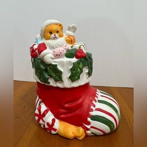 Vintage 1980s bear in stocking porcelain Christmas nightlight figurine